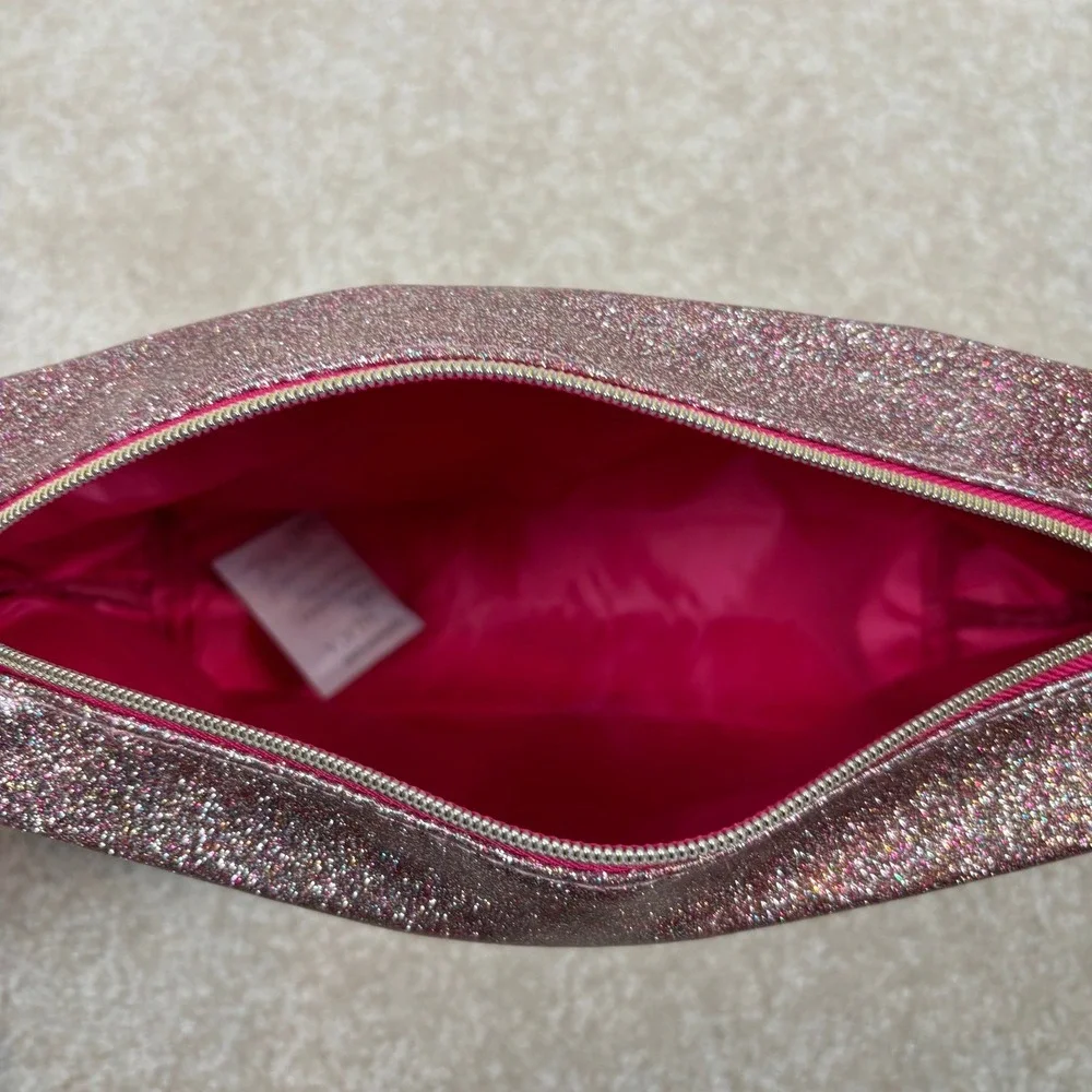 Lancome Glitter Cosmetic Bag Pouch Pink Rose Gold Zipper Makeup Organizer Travel